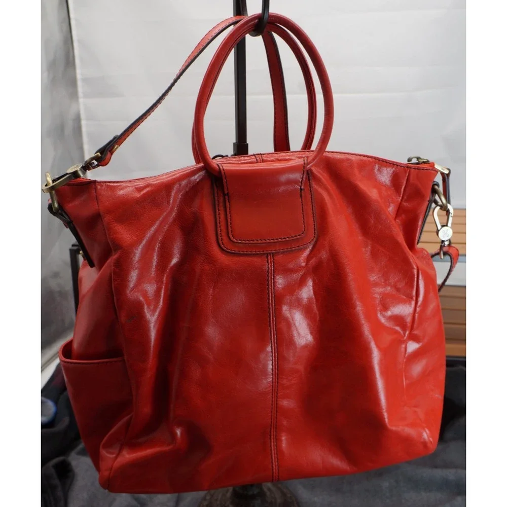 HOBO Sheila Large Satchel Crossbody Shoulder Bag Red Polished Leather Carryall - Picture 4 of 15